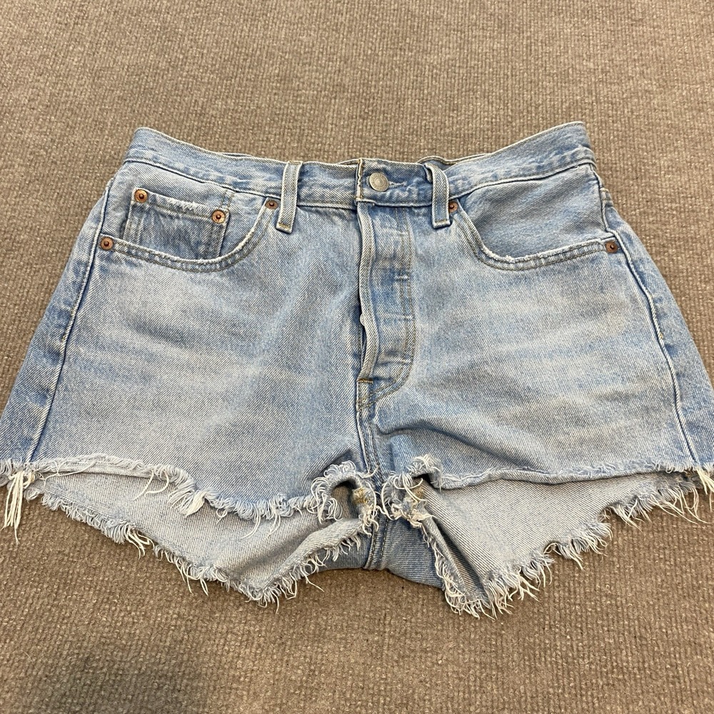 Levi's 501 Shorts Womens 28 Blue High Rise Button Fly Cutoff Boho Pool Festival - Picture 2 of 9